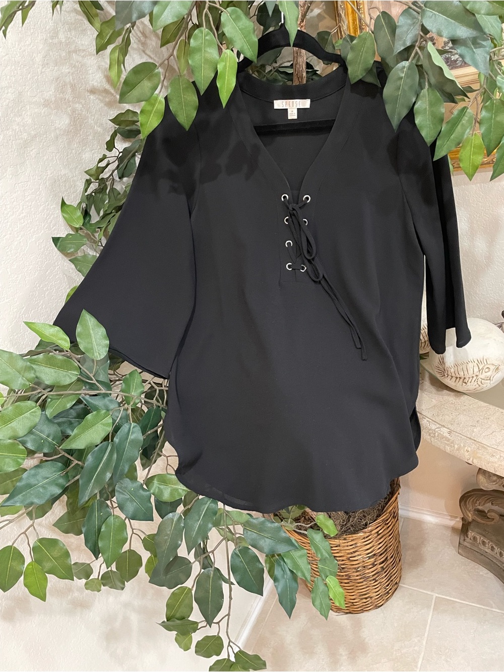 Spense Black Lace-Up V-Neck Flowing Blouse